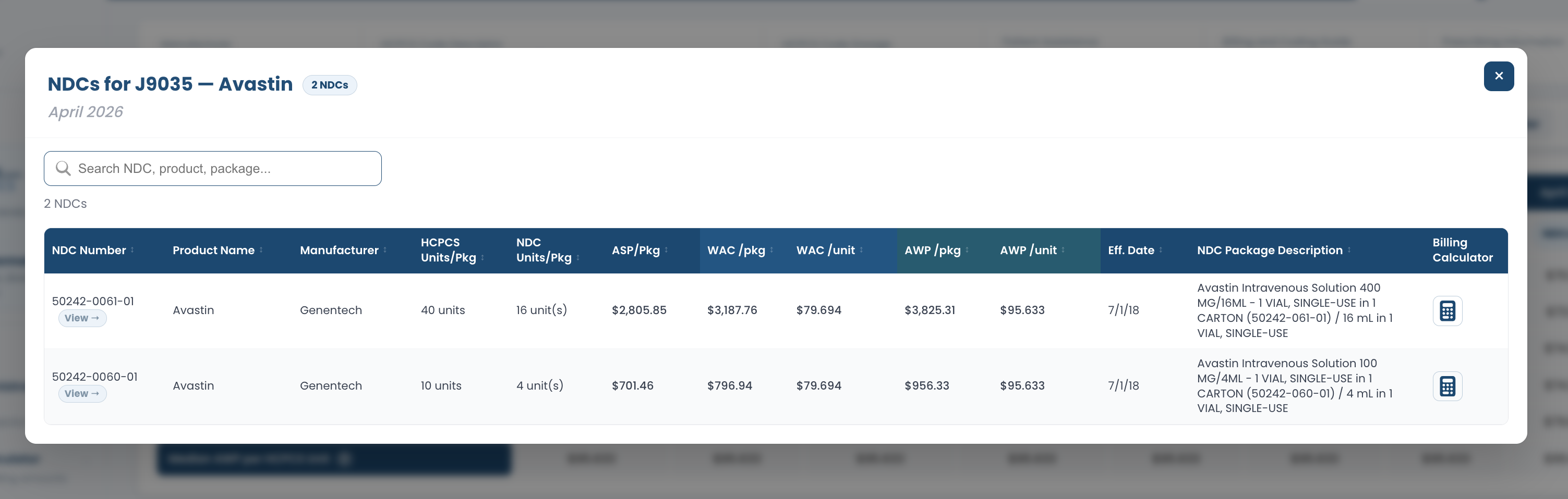 NDC to HCPCS alignment table with package-level pricing for each NDC